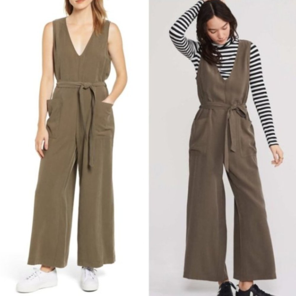 LOU & GREY Fluid Tie Waist Olive Green Jumpsuit